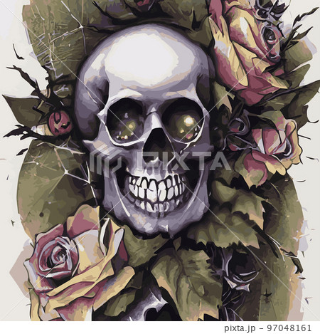 Skull with flowers, roses and pumpkins for Halloween. Vector illustration for autumn halloween holiday in vintage old style. Gothic romantic human skull Skull with flowers, roses and pumpkins for Halloween. Vector illustration for autumn halloween holiday in vintage old style. Gothic romantic human skull 97048161