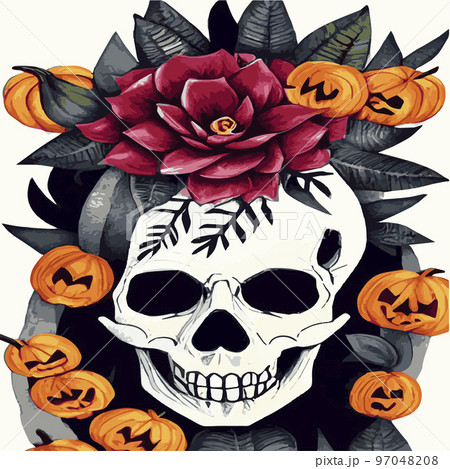 Gothic romantic human skull red roses and pink peonies with small pumpkins for halloween, clothing template and t-shirt design, day of the dead. Vector stickers, prints, patches vintage 97048208