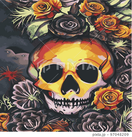 Gothic romantic human skull red roses and pink peonies with small pumpkins for halloween, clothing template and t-shirt design, day of the dead. Vector stickers, prints, patches vintage Gothic romantic human skull red roses and pink peonies with small pumpkins for halloween, clothing template and t-shirt design, day of the dead. Vector stickers, prints, patches vintage 97048209