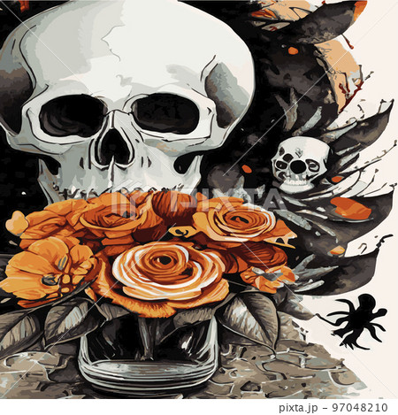 Gothic romantic human skull red roses and pink peonies with small pumpkins for halloween, clothing template and t-shirt design, day of the dead. Vector stickers, prints, patches vintage Gothic romantic human skull red roses and pink peonies with small pumpkins for halloween, clothing template and t-shirt design, day of the dead. Vector stickers, prints, patches vintage 97048210