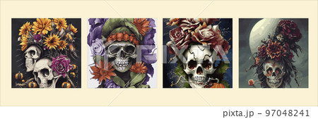 Day of the dead skulls and flowers, vintage vector illustration set of four square posters. Vintage floral skull for autumn halloween holiday. Day of the dead skulls and flowers, vintage vector illustration set of four square posters. Vintage floral skull for autumn halloween holiday. 97048241
