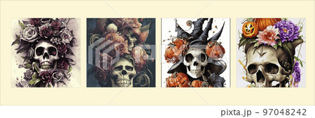 Day of the dead skulls and flowers, vintage vector illustration set of four square posters. Vintage floral skull for autumn halloween holiday. 97048242