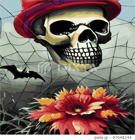 Gothic romantic human skull red roses and pink peonies with small pumpkins for halloween, clothing template and t-shirt design, day of the dead. Vector stickers, prints, patches vintage 97048244