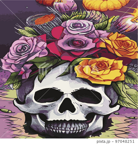 Gothic romantic human skull red roses and pink peonies with small pumpkins for halloween, clothing template and t-shirt design, day of the dead. Vector stickers, prints, patches vintage 97048251