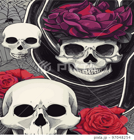 Gothic romantic human skull red roses and pink peonies with small pumpkins for halloween, clothing template and t-shirt design, day of the dead. Vector stickers, prints, patches vintage 97048254