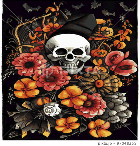 Gothic romantic human skull red roses and pink peonies with small pumpkins for halloween, clothing template and t-shirt design, day of the dead. Vector stickers, prints, patches vintage 97048255