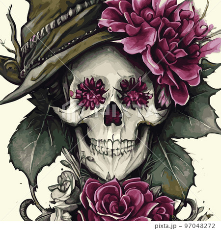 Gothic romantic human skull red roses and pink peonies with small pumpkins for halloween, clothing template and t-shirt design, day of the dead. Vector stickers, prints, patches vintage 97048272