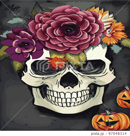 Gothic romantic human skull red roses and pink peonies with small pumpkins for halloween, clothing template and t-shirt design, day of the dead. Vector stickers, prints, patches vintage 97048314