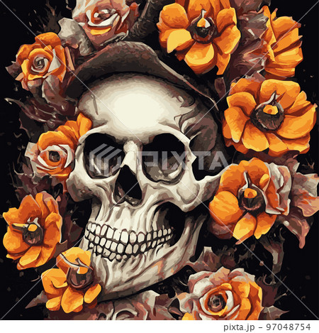 Skull with flowers, roses and pumpkins for Halloween. Vector illustration for autumn halloween holiday in vintage old style. Gothic romantic human skull Skull with flowers, roses and pumpkins for Halloween. Vector illustration for autumn halloween holiday in vintage old style. Gothic romantic human skull 97048754