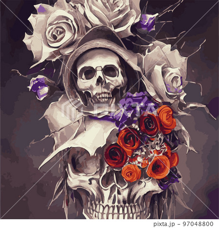 Human skull, exotic tropical flowers. Day of the dead skulls and flowers, vintage vector illustration Typographic poster inspiration, hand drawn t-shirt style. Skull and roses 97048800