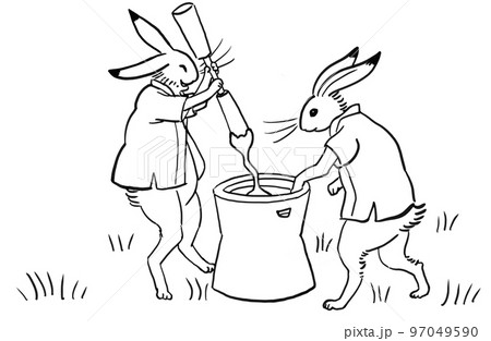 鳥獣戯画風イラスト　ウサギが二匹で餅つき 97049590