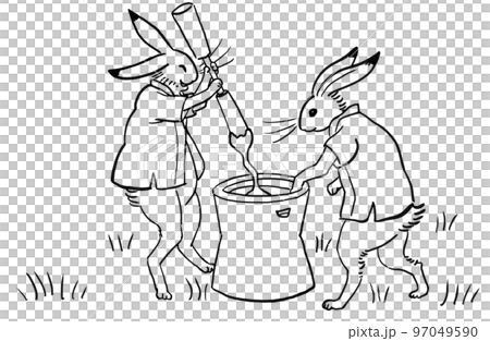 Choju caricature style illustration Two rabbits pounding mochi 97049590
