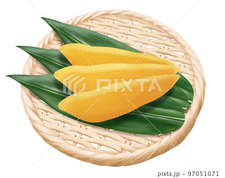 竹のザルに盛った数の子と笹の葉のリアルなテイストの美味しそうな手描きイラスト 97051071