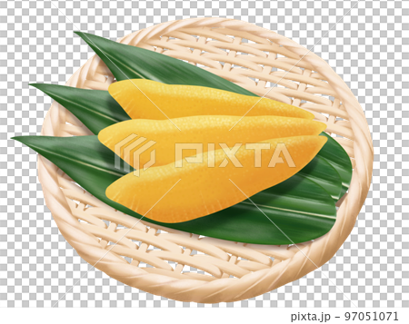 竹のザルに盛った数の子と笹の葉のリアルなテイストの美味しそうな手描きイラスト 97051071