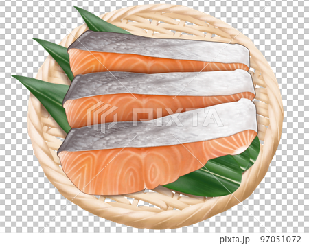A delicious illustration of a realistic taste of salmon fillets and bamboo leaves in a bamboo colander 97051072