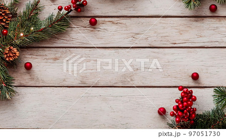 Concept of Christmas day, top down view, Christmas border design with decoration wooden background. Holly berries and snow on a wooden background. Concept of Christmas day, top down view, Christmas border design with decoration wooden background. Holly berries and snow on a wooden background. 97051730