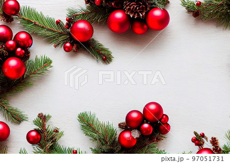 Concept of Christmas day, top down view, Christmas border design with decoration wooden background.  Holly berries and snow on a wooden background. 97051731