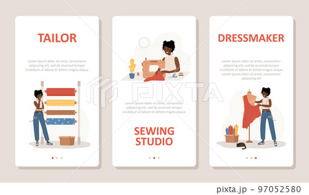 Sewing concept. African woman seamstress sews, cuts and streams clothes. Set of vertical banners for social media. Fashion designer or dressmaker. Vector illustration in flat cartoon style Sewing concept. African woman seamstress sews, cuts and streams clothes. Set of vertical banners for social media. Fashion designer or dressmaker. Vector illustration in flat cartoon style 97052580