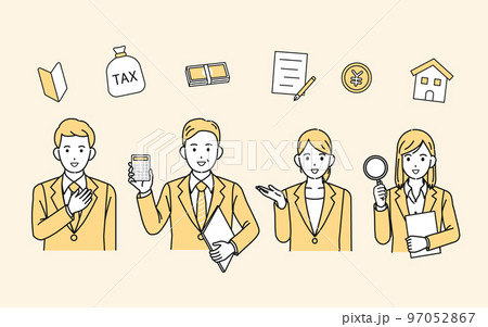 税金やお金について説明する税理士、ビジネスパーソンのイラスト 税金やお金について説明する税理士、ビジネスパーソンのイラスト 97052867