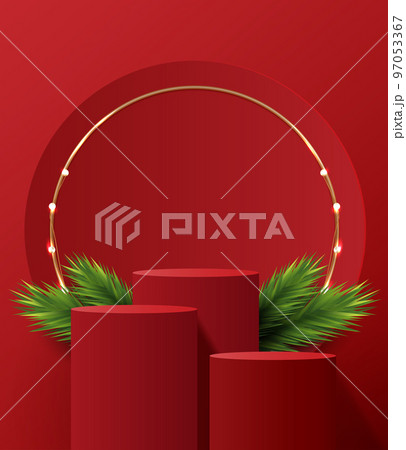 Podium shape for show cosmetic product display for Christmas day or New Years. Stand product showcase on red background with tree christmas. vector design. 97053367