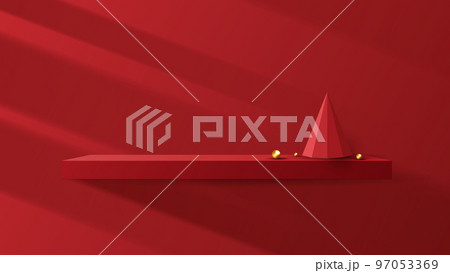 Podium shape for show cosmetic product display for Christmas day or New Years. Stand product showcase on red background with tree christmas. vector design. 97053369