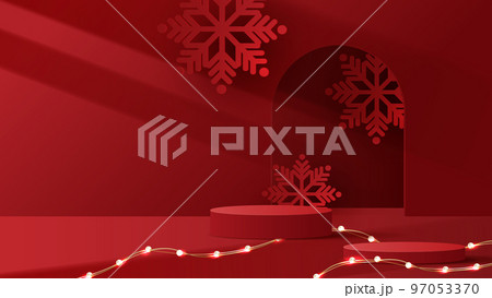 Podium shape for show cosmetic product display for Christmas day or New Years. Stand product showcase on red background with tree christmas. vector design. 97053370