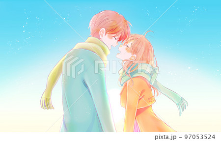 向かい合う男女　冬　朝　日の出 97053524