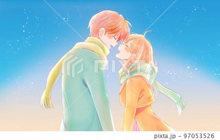 冬の幸せそうな男女　向かい合う　夜明け前 97053526