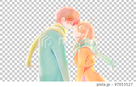 一個快樂的男人和女人在冬天面對面 97053527