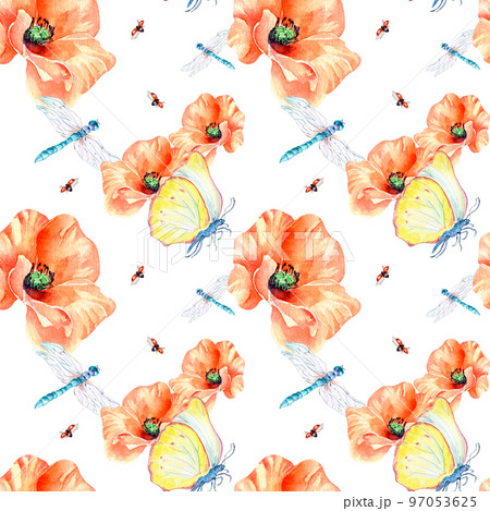 Meadow poppies with beetles watercolor seamless pattern on white. Meadow poppies with beetles watercolor seamless pattern on white. 97053625