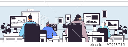 traders stock market brokers analyzing charts or making presentation on computer monitors at workplace horizontal 97053736