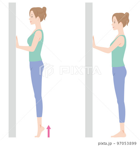 壁に手をついてかかと上げ運動、カーフレイズ 97053899