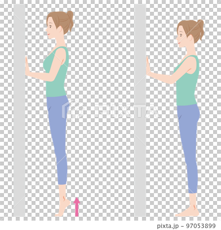 壁に手をついてかかと上げ運動、カーフレイズ 97053899
