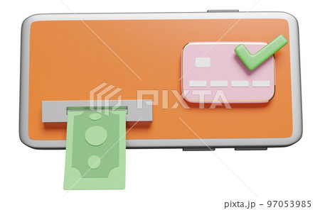 3d mobile phone, smartphone with banknote, check mark, credit card isolated. withdrawal cash with atm machine transaction concept, 3d render illustration 97053985