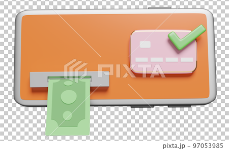 3d mobile phone, smartphone with banknote, check mark, credit card isolated. withdrawal cash with atm machine transaction concept, 3d render illustration 97053985