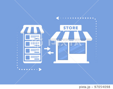 O2O - Online to Offline e-commerce business concept with mobile shop and building store. Offline to online marketing sales system strategy 97054098