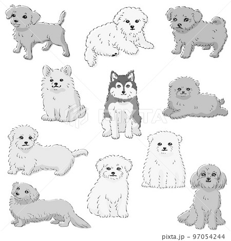 かわいい人気のミックス犬 手描き線画ベクターイラストセット（白黒
