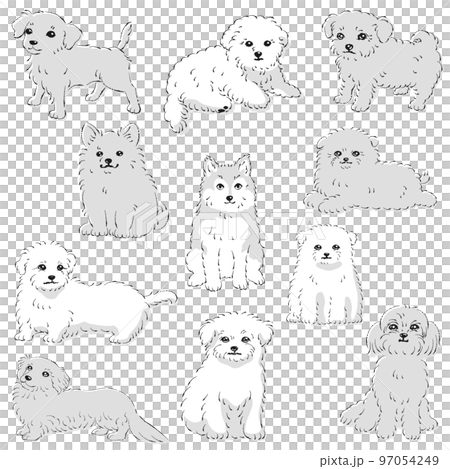 かわいい人気のミックス犬　手描き線画ベクターイラストセット（白黒） 97054249