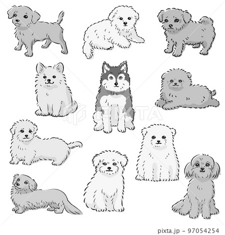 かわいい人気のミックス犬　手描き線画ベクターイラストセット（白黒） 97054254