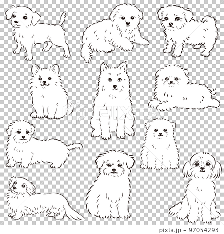 かわいい人気のミックス犬 手描き線画ベクターイラストセット（白黒