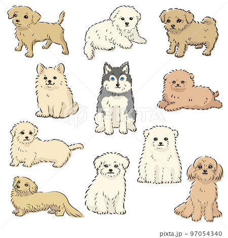 かわいい人気のミックス犬 手描き線画ベクターイラストセット かわいい人気のミックス犬 手描き線画ベクターイラストセット 97054340
