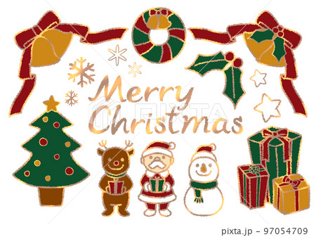 もこもこした手描き風のシンプルでかわいいクリスマスのイラストセット ゴールド もこもこした手描き風のシンプルでかわいいクリスマスのイラストセット ゴールド 97054709