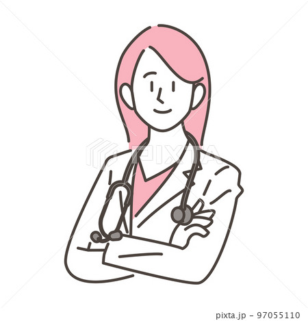 腕組みする白衣姿の女性医師：病院転職、開業医のイメージ【医療ベクターイラスト素材】 97055110