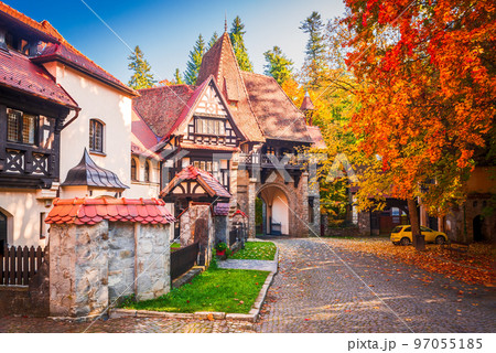 Sinaia, Romania. Carpathian Mountains landscape with typical german architecture. 97055185