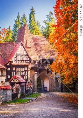 Sinaia, Romania. Carpathian Mountains landscape with typical german architecture. 97055187