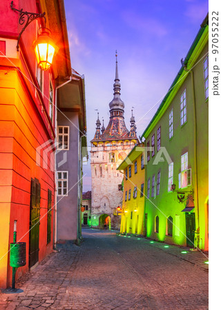 Sighisoara, Romania. Clock Tower, charming beautiful stone-walled city in Transylvania. 97055222