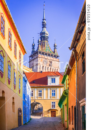 Sighisoara, Romania. Clock Tower, charming beautiful stone-walled city in Transylvania. 97055410