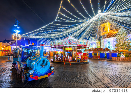 Sibiu, Transylvania - Christmas Market famous travel destination in Romania. Sibiu, Transylvania - Christmas Market famous travel destination in Romania. 97055418