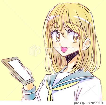スマホを持つゆるい女子学生 金髪 笑顔 スマホを持つゆるい女子学生 金髪 笑顔 97055881