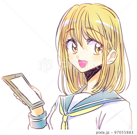 スマホを持つゆるい女子学生 金髪 笑顔 スマホを持つゆるい女子学生 金髪 笑顔 97055883
